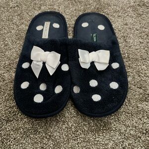 Laura Ashley Navy Slippers with White Polka Dots